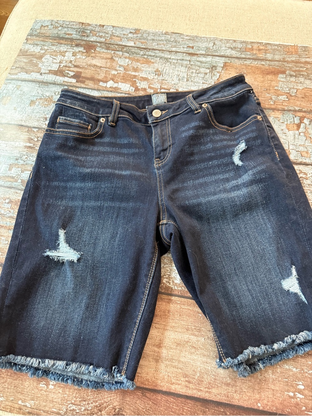 Soho Dark Blue Distressed Denim Bermuda Shorts Size 6